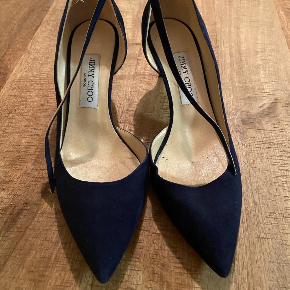 Jimmy Choo Navy Suede Pointy Toe Pumps Gem